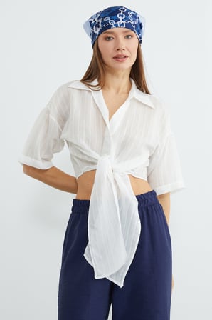 Çizgili Jakarlı Bağlamalı Crop Bluz