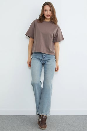 Basic Bisiklet Yaka Crop Tişört