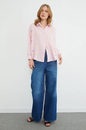 Fiyonk Nakışlı Oversize Gömlek