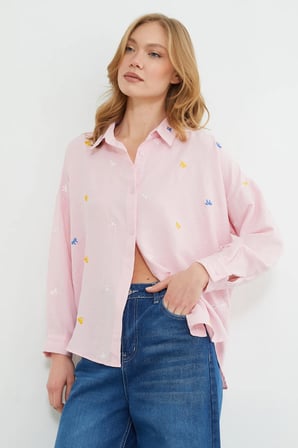 Fiyonk Nakışlı Oversize Gömlek