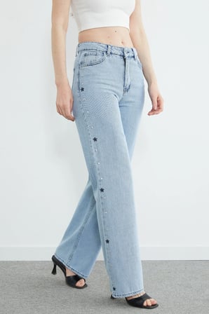 Yıldız Nakışlı Yüksek Bel Jean