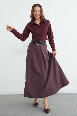 Kemerli Pileli Maxi Boy Etek