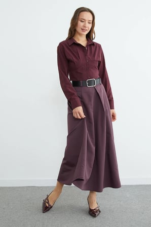 Kemerli Pileli Maxi Boy Etek