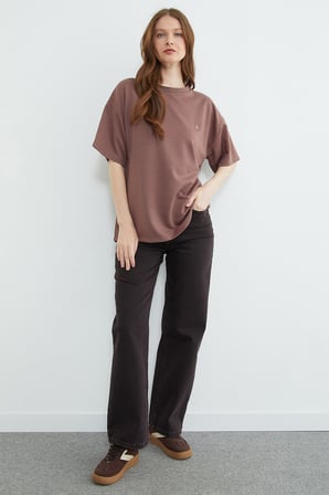 Metal Aksesuarlı Bisiklet Yaka Oversize Tişört
