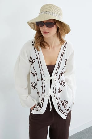 Nakışlı Önü Bağcıklı Keten Görünümlü Kimono