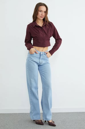 Yüksek Bel Perçin Detaylı Jean