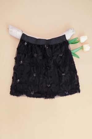 Çiçekli Beli Lastikli Simli Kız Çocuk Etek