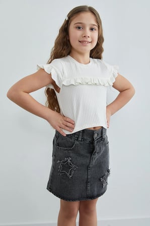 23 Nisan Beli Lastikli Yıldız Nakışlı Taşlı Kız Çocuk Jean Etek