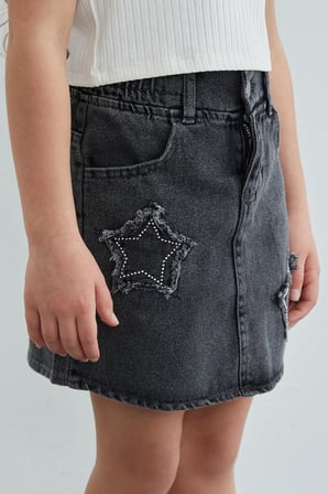 23 Nisan Beli Lastikli Yıldız Nakışlı Taşlı Kız Çocuk Jean Etek