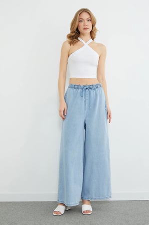Beli Bağcıklı Taşlı Wide Leg Jean