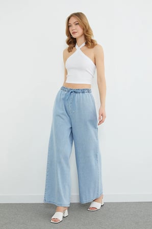 Beli Bağcıklı Taşlı Wide Leg Jean