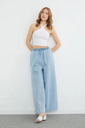 Beli Bağcıklı Taşlı Wide Leg Jean
