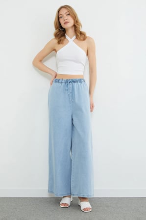 Beli Bağcıklı Taşlı Wide Leg Jean