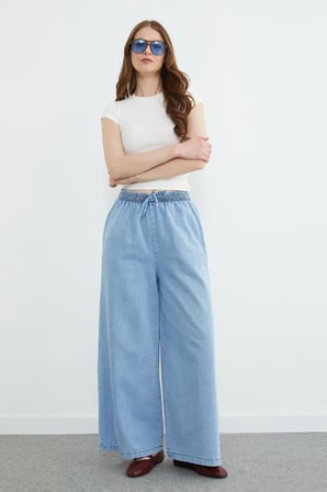 Beli Bağcıklı Wide Leg Jean