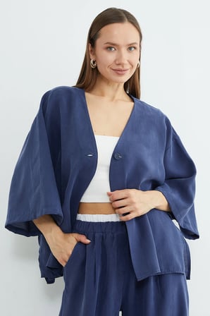 Tek Düğmeli Tencel Kumaş Oversize Ceket