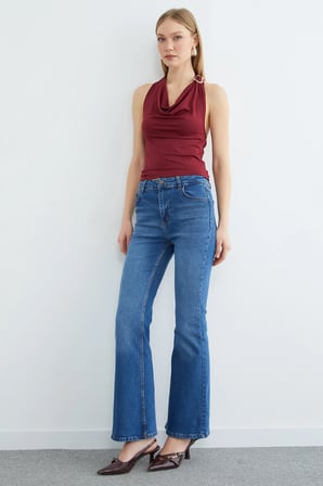 Yüksek Bel Fermuarlı Flare Jean