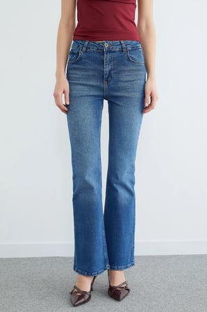 Yüksek Bel Fermuarlı Flare Jean
