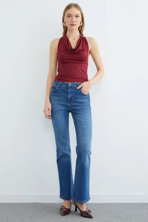 Yüksek Bel Fermuarlı Flare Jean