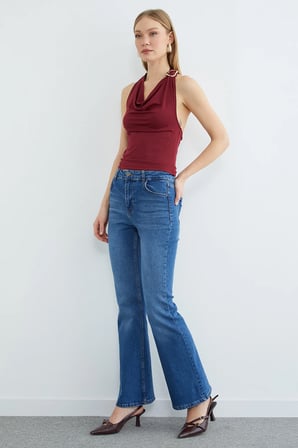 Yüksek Bel Fermuarlı Flare Jean
