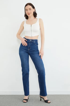 Yüksek Bel Kesik Paça Jean