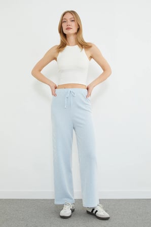 Çizgili Beli Lastikli Wide Leg Pantolon