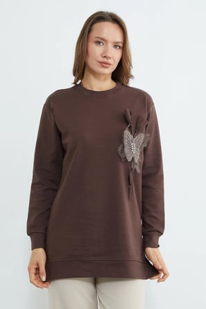 Fullamodest Kelebek Nakışlı Taşlı Bisiklet Yaka Tunik
