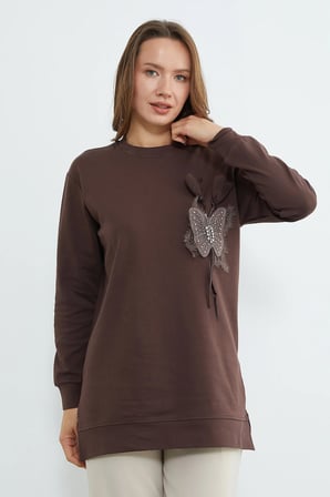 Fullamodest Kelebek Nakışlı Taşlı Bisiklet Yaka Tunik