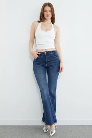 Yüksek Bel Fermuarlı Flare Jean