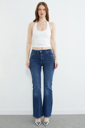 Yüksek Bel Fermuarlı Flare Jean