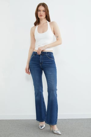 Yüksek Bel Fermuarlı Flare Jean
