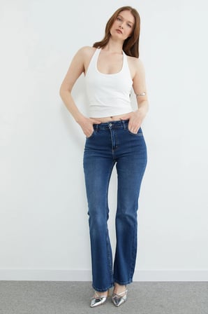 Yüksek Bel Fermuarlı Flare Jean