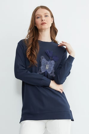 Fullamodest Kelebek Nakışlı Taşlı Bisiklet Yaka Tunik
