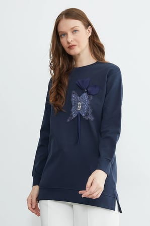 Fullamodest Kelebek Nakışlı Taşlı Bisiklet Yaka Tunik
