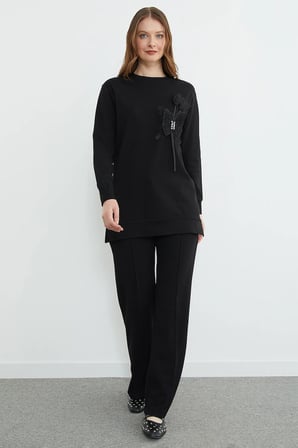 Fullamodest Kelebek Nakışlı Taşlı Bisiklet Yaka Tunik