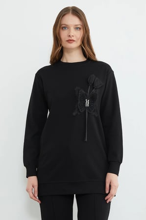 Fullamodest Kelebek Nakışlı Taşlı Bisiklet Yaka Tunik