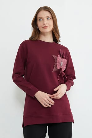 Fullamodest Kelebek Nakışlı Taşlı Bisiklet Yaka Tunik