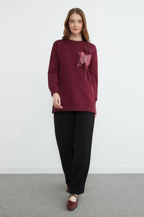 Fullamodest Kelebek Nakışlı Taşlı Bisiklet Yaka Tunik