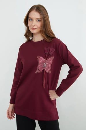 Fullamodest Kelebek Nakışlı Taşlı Bisiklet Yaka Tunik