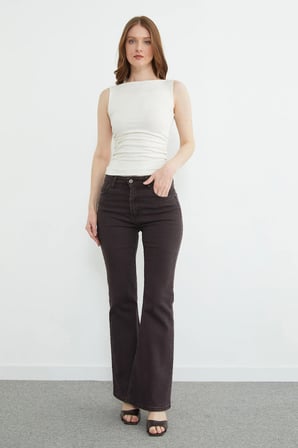 Normal Bel Fermuarlı Flare Jean