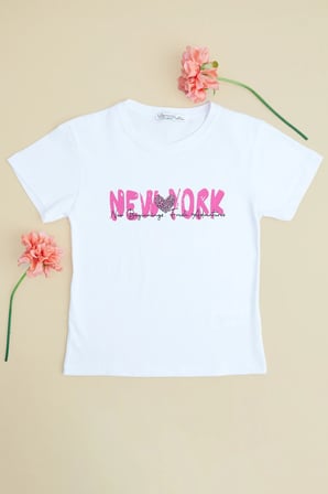 New York Baskılı Kız Çocuk Tişört