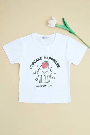 Cupcake Happiness Baskılı Kız Çocuk Tişört