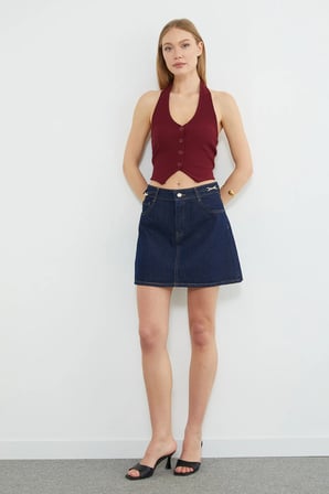 Zincir Kemer Detaylı Mini Jean Etek