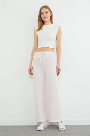 Çizgili Beli Lastikli Wide Leg Pantolon