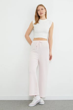Çizgili Beli Lastikli Wide Leg Pantolon
