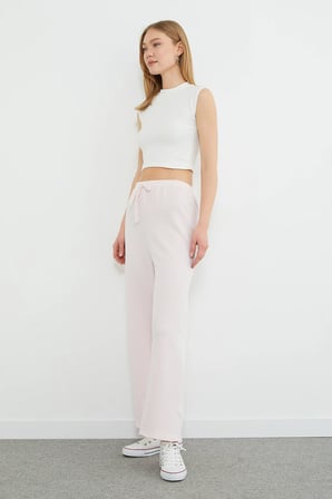 Çizgili Beli Lastikli Wide Leg Pantolon