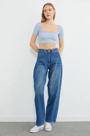 Beli Tokalı Yüksek Bel Baggy Jean