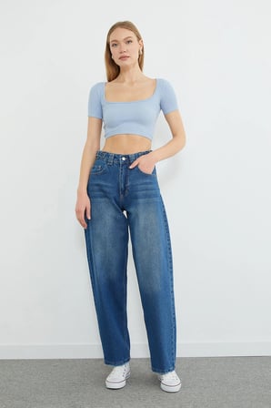 Beli Tokalı Yüksek Bel Baggy Jean
