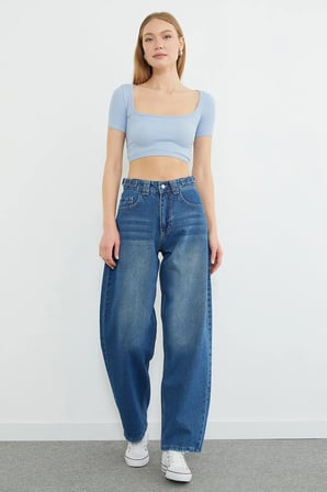 Beli Tokalı Yüksek Bel Baggy Jean