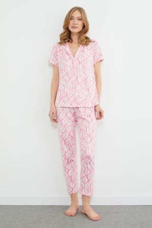 Yaprak Desenli Gömlek Yaka Düğmeli Pijama Takımı