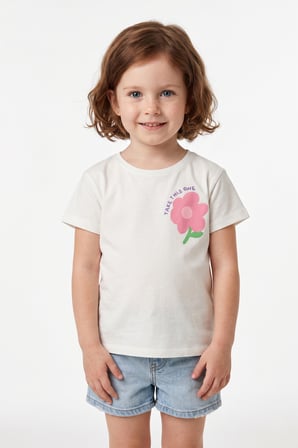 Çiçek Baskılı Bisiklet Yaka Kız Çocuk Tişört